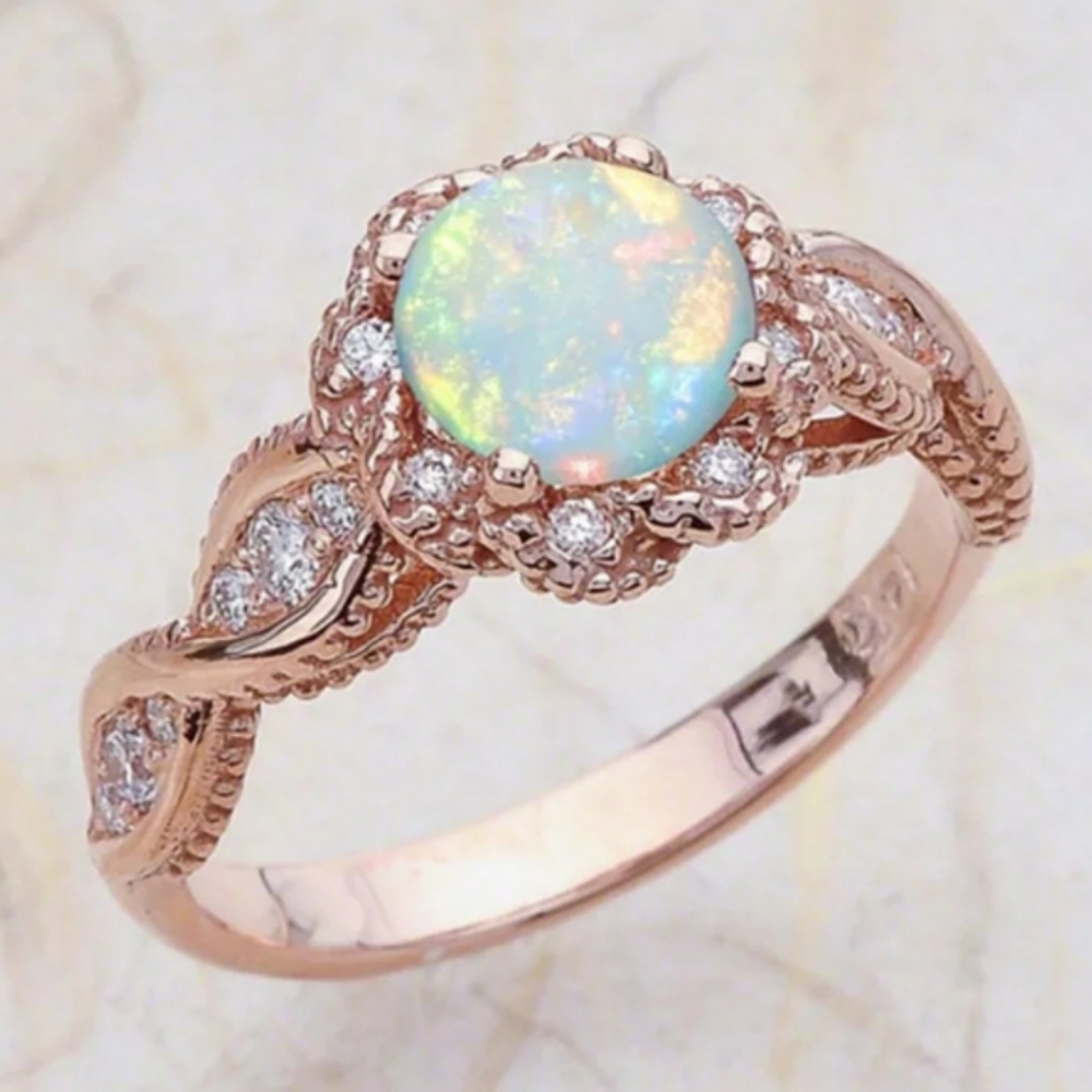 ROSE GOLD ROUND OPAL CZ DIAMOND HALO TWIST RING